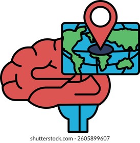 A brain with a map of the world on it. The map is centered on the brain and has a red dot on it