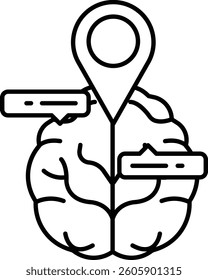 A brain with a map of the world on it. The map is pointing to a location. The brain is surrounded by a leaf