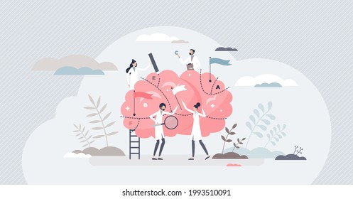 Brain Mapping As Neuroscience Spatial Representations Method Tiny Person Concept. Anatomical Analytic Process Scene With Learning About Organ Division And Imaging Projection Vector Illustration.