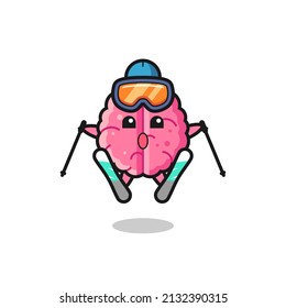 personaje de mascota cerebral como jugador de esquí, diseño de estilo lindo para camiseta, pegatina, elemento logo