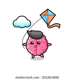 brain mascot illustration is playing kite , cute style design for t shirt, sticker, logo element