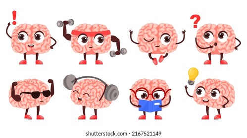 Brain mascot. Smart and strong character do sport exercises, read education book and answers questions cartoon vector Illustration set of character brain mascot education