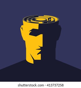 Brain Maze. Male Open Head With Labyrinth Inside. Psychology Concept  Vector Illustration.