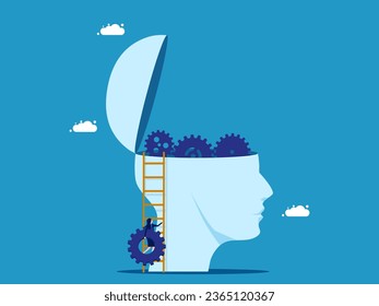 Brain mechanics concept. Businesswoman holds a gear to head
