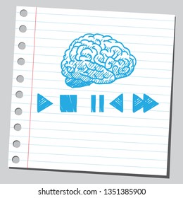 Brain with media player control button. Mind control concept. Sketch style illustration on sticky note background.