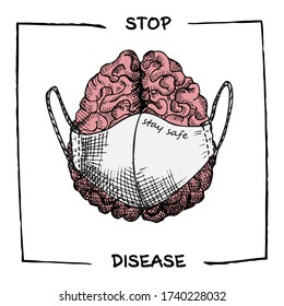 Brain with medical mask. Realistic hand-drawn icon of human internal organs. Engraving art. Sketch style. Design concept for your medical projects posters. Text stop disease. Vector illustration.