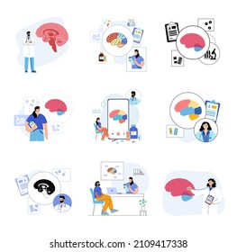 Brain Medical Set For Neurology Clinic. Pain In The Head. Occipital, Frontal, Parietal And Temporal Lobe. Headache, Epilepsy Medical Examination. Nervous System Flat Vector Illustration Medical Poster