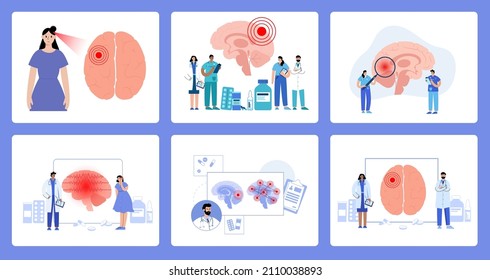 Brain Medical Set For Neurology Clinic. Pain In The Head. Occipital, Frontal, Parietal And Temporal Lobe. Headache, Epilepsy Medical Examination. Nervous System Flat Vector Illustration Medical Poster