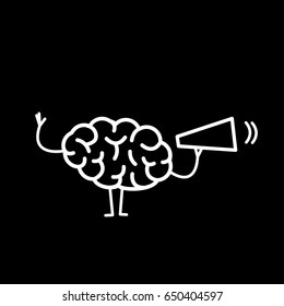 Brain with megaphone. Vector concept illustration brain communication | flat design linear infographic icon white on black background