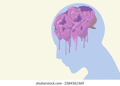 Brain melting in human head. Brain  rot concept illustration. Deterioration mental, loss concentration, OCD, or low intellectual from addict and overconsumption of short content on internet.