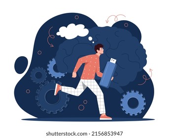 Brain memory concept. Guy with flash drive running. Metaphor of memory and work with information and statistic. Scientific research, scientist conducts experiments. Cartoon flat vector illustration