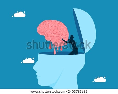 Brain memory loss. man lifts melted brain from big head. vector 