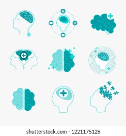 Brain and mental health icons vector set