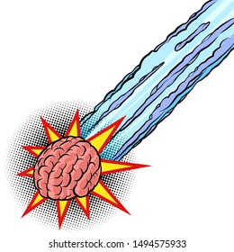 brain meteor. the intelligence of the human mind. Comic cartoon pop art retro vector drawing illustration