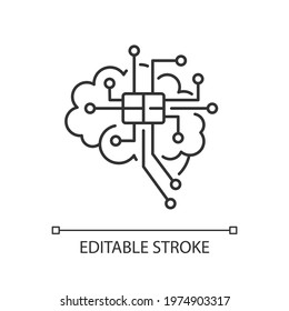 Brain microcircuit black glyph icon. Innovative technology. Artificial intelligence. Thin line customizable illustration. Contour symbol. Vector isolated outline drawing. Editable stroke