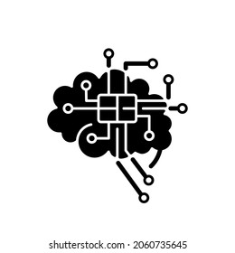 Icono de glifo negro en el microcircuito cerebral. Tecnología innovadora. Aprendizaje automático. Inteligencia artificial. Aumento del cuerpo humano. Símbolo de silueta en el espacio blanco. Ilustración aislada del vector