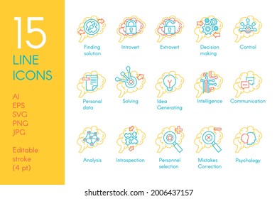 Brain mind function collection icon set vector. Solving and finding solution, introvert and extrovert, generating idea and making decision, analysis and control linear pictogram. Contour illustration