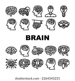 iconos de cabeza humana de mente cerebral conjunto vector. idea de inteligencia, educación creativa, pensamiento científico, anatomía de diseño, conocimiento mente mente cerebro cabeza humana imágenes de contorno negro