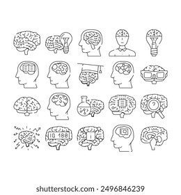 brain mind human head icons set vector. intelligence idea, creative education, science think, design anatomy, knowledge brain mind human head black contour illustrations