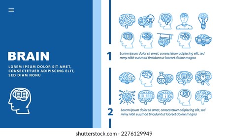 brain mind human head landing web page header vector. intelligence idea, creative education, science think, design anatomy, knowledge brain mind human head color illustrations