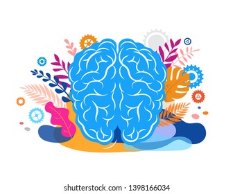 Brain, mind and mindfulness concept illustration. Vector background and poster with leaves and nature  