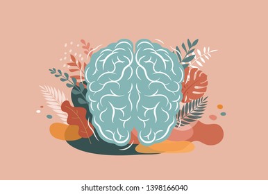 Brain, mind and mindfulness concept illustration. Vector background and poster with leaves and nature  