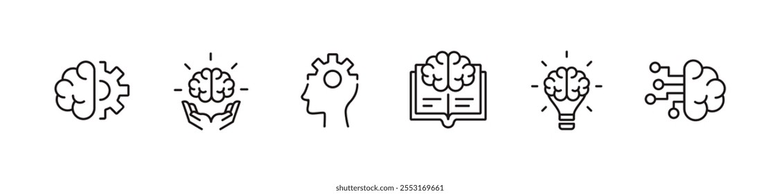 Gehirn Geist Denken Symbol setzen Kognition Wissen Brainstorm Bildung Intelligenz Kreative Innovation Zeichen Linie Vektorgrafik