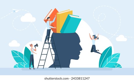 Brain and mind training with smart literature reading or study. Reading books to gain knowledge, intelligence and thinking skill, research and study for personal growth concept. Vector illustration.