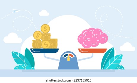 Brain and money on the scale. Mental health concept. Idea and money stack balance on libra. Mechanism to compare value of brainwork and money on scales. Idea is money concept. Vector illustration