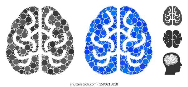 Brain mosaic of circle elements in various sizes and color tinges, based on brain icon. Vector circle elements are united into blue mosaic. Dotted brain icon in usual and blue versions.