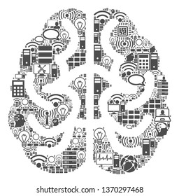 Brain mosaic icon organized for bigdata and computing purposes. Vector brain mosaics are organized from computer, calculator, connections, wi-fi, network, interface elements into abstract pattern.