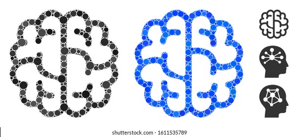 Brain mosaic of small circles in different sizes and color tinges, based on brain icon. Vector small circles are grouped into blue mosaic. Dotted brain icon in usual and blue versions.