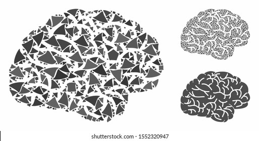 Brain mosaic of tremulant items in different sizes and color tinges, based on brain icon. Vector humpy items are united into mosaic. Brain icons collage with dotted pattern.