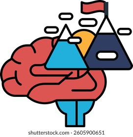 A brain with mountains in the background. The mountains are blue and red