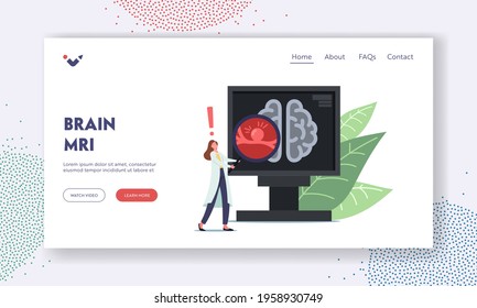 Brain MRI Landing Page Template. Tiny Doctor Female Character Hold Huge Magnifier at Pc Screen with Tomography of Human Brain with Aneurysm Bulg on Vessel Wall, Sickness. Cartoon Vector Illustration