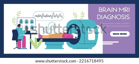 Brain MRI scan and diagnosis web banner template, flat vector illustration. Doctor looking at patient's brain scan. Concepts of healthcare, magnetic resonance image and neuroscience.