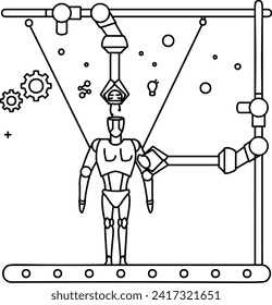 Brain and muscle grafting vector icon design, robotic science symbol, special purpose machine sign, Cyborg stock illustration, artificial intelligence driven humanoid robot skeleton building concept