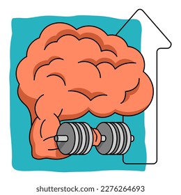Músculos cerebrales y mente a prueba de edad. Salud mental con metáfora - cerebro levantando el timbre y flecha hacia arriba