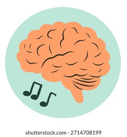 Cerebro con música en estilo plano dibujado a mano para temas de bienestar mental. Ideal para contenido de atención plena, imágenes de terapia, gráficos de relajación y diseños de cuidado personal.