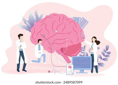  Brain and nervous system connections diagnosis concept. doctor hold magnifying glass diagnosis examine and treat human brain. Nervous system disease therapy.
