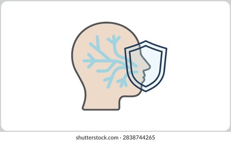 Brain and nervous system defense concept showing profile of human head with neural branches behind a protective shield.