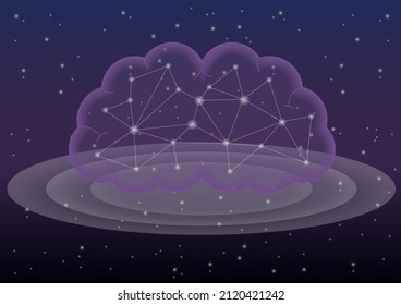 Brain network against the background of the universe. Spiritual abstract image. The inside of the brain is transparent.