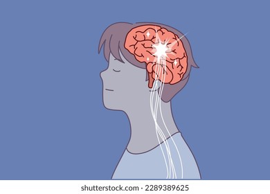 Brain and neural connection lines in head man at time of brainstorming or searching for new ideas. Human brain for concept introducing artificial intelligence and machine learning of computer systems 