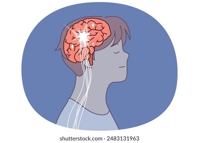 Brain and neural connection lines in head man at time of brainstorming or searching for new ideas. Human brain for concept introducing artificial intelligence and machine learning of computer systems