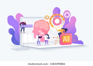 Brain with neural network on laptop and scientists, tiny people. Artificial intelligence,machine learning, data science and cognitive computing concept. Vector isolated concept creative illustration.