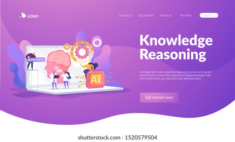 Cerebro con red neural en laptop y científicos, gente pequeña. Inteligencia artificial, aprendizaje automático, ciencia de datos y concepto de computación cognitiva. Página web de inicio de encabezado de página de inicio del sitio web