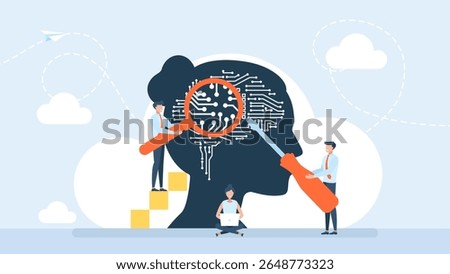 Brain with the neural network on laptop and scientists, tiny people. Woman head with a computer chip. Artificial intelligence, machine learning. Data, brain with a digital circuit. Vector illustration