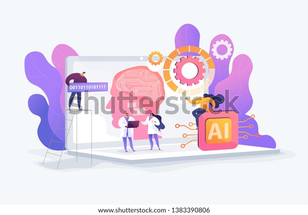 Brain with neural network on laptop and\
scientists, tiny people. Artificial intelligence,machine learning,\
data science and cognitive computing concept. Vector isolated\
concept creative\
illustration.