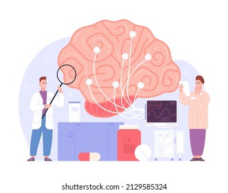 Brain neurologic exam. Neurology medico test, emergency treatment health inflammation tumor, scientist nurse with wires doing electroencephalography, splendid vector illustration