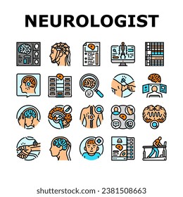 brain neurologist doctor icons set vector. health neurology, medical hospital, technology nerve, surgery patient, medicine brain neurologist doctor color line illustrations